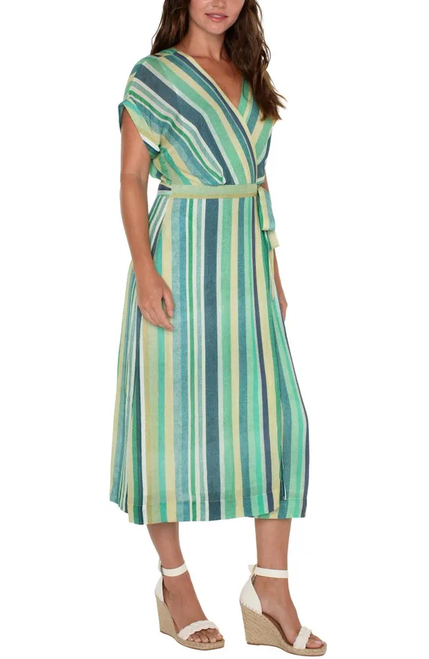 Liverpool Los Angeles Dresses DOLMAN WRAP FRONT MIDI DRESS Teal Multi Stripe 8211 Womens