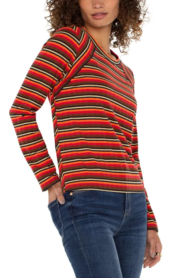 Liverpool Los Angeles Tees CREW NECK LONG SLEEVE KNIT TOP Burnt Orange Multi Stripe 8211 Womens