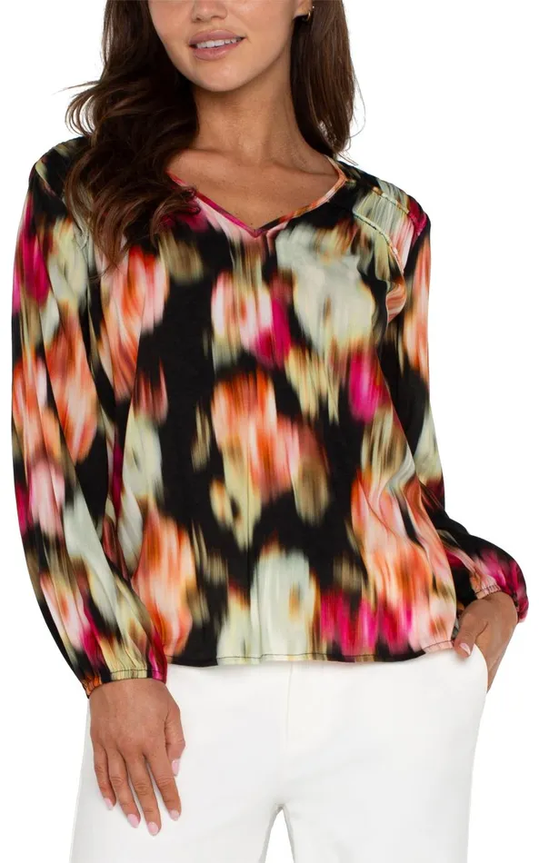 Liverpool Los Angeles Tops LONG SLEEVE VNECK SHIRRED WOVEN BLOUSE Star Ruby Floral 8211 Womens