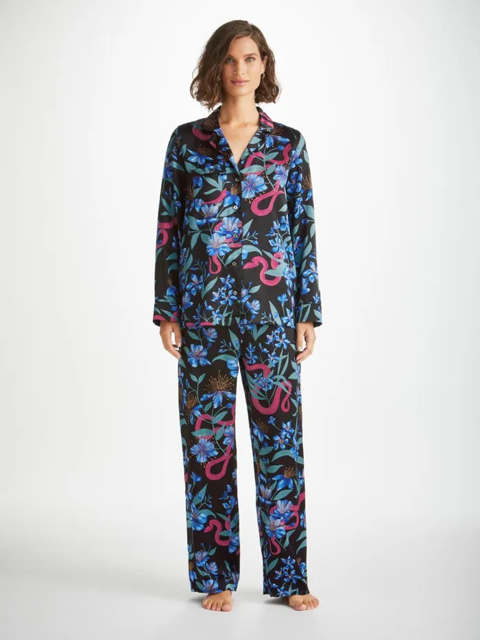 Long Pajamas Women Derek Rose Pajamas Brindisi 101 Silk Satin Black