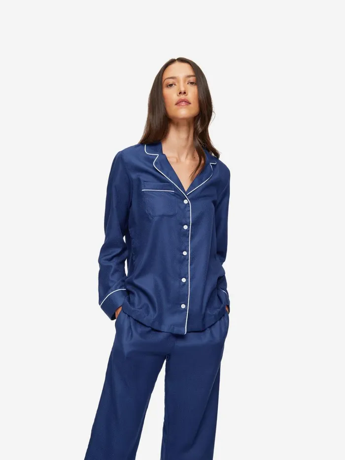 Long Pajamas Women Derek Rose Pajamas Lombard 6 Cotton Jacquard Navy