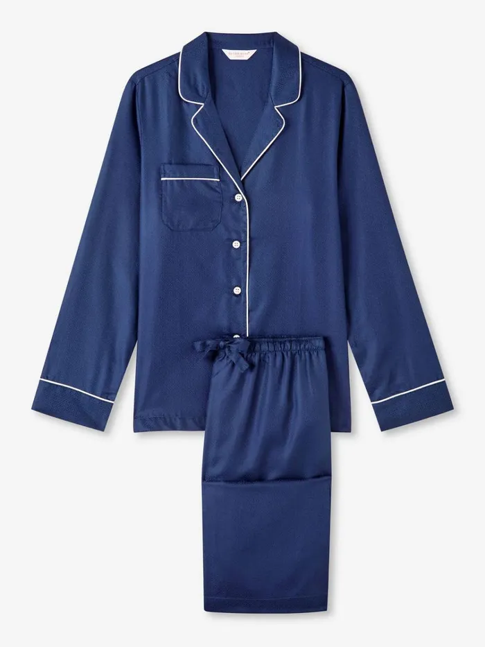 Long Pajamas Women Derek Rose Pajamas Lombard 6 Cotton Jacquard Navy