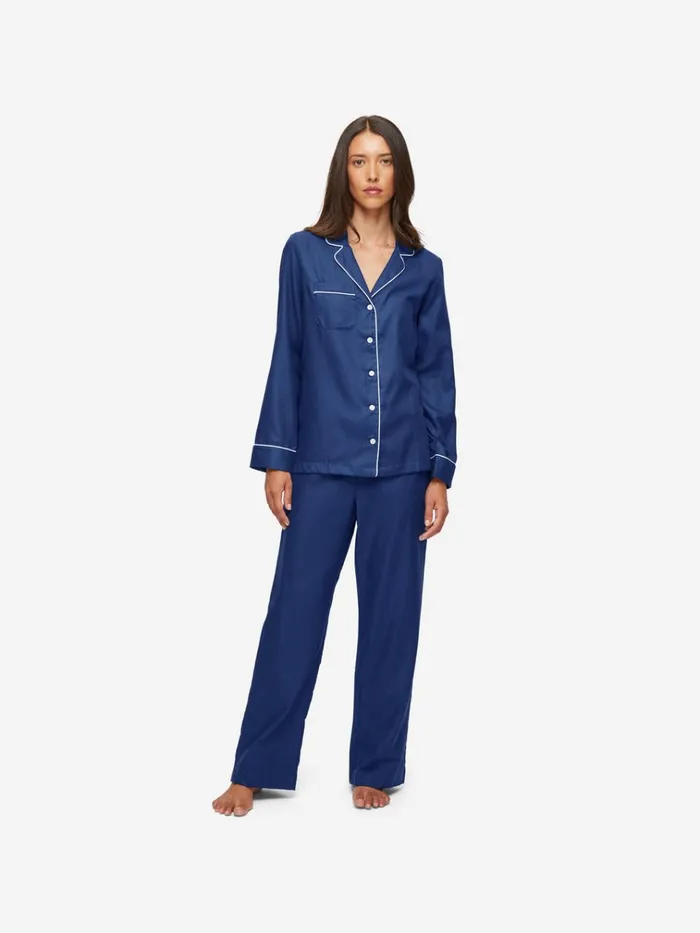 Long Pajamas Women Derek Rose Pajamas Lombard 6 Cotton Jacquard Navy