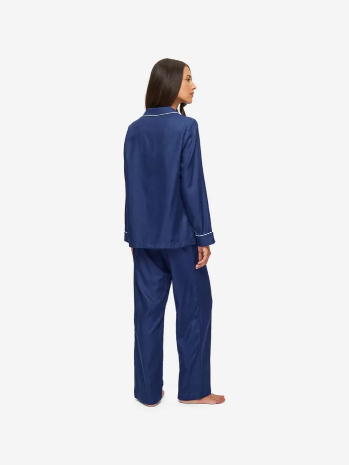 Long Pajamas Women Derek Rose Pajamas Lombard 6 Cotton Jacquard Navy