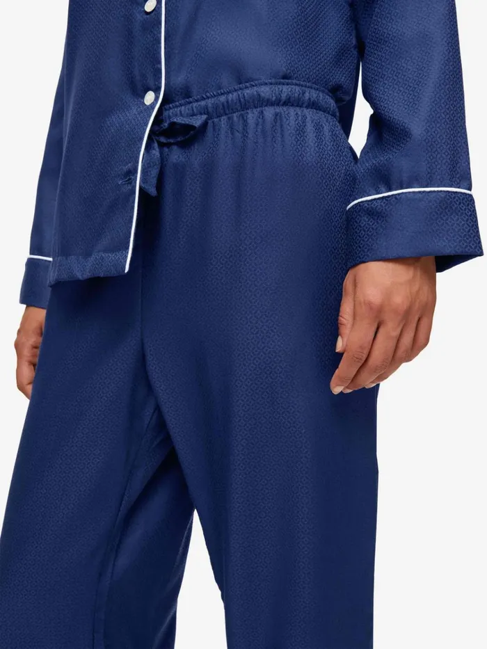Long Pajamas Women Derek Rose Pajamas Lombard 6 Cotton Jacquard Navy