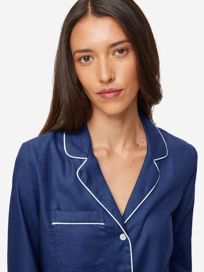 Long Pajamas Women Derek Rose Pajamas Lombard 6 Cotton Jacquard Navy