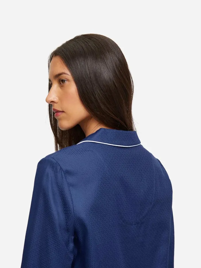 Long Pajamas Women Derek Rose Pajamas Lombard 6 Cotton Jacquard Navy
