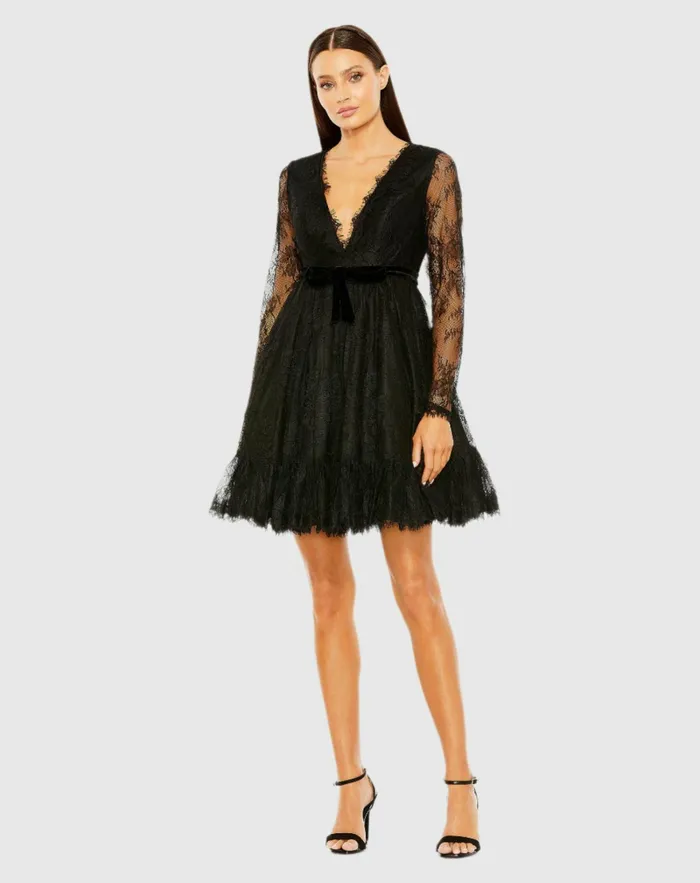Long Sleeve Deep V Lace Babydoll Dress Black Daytime Dresses Mac Duggal Women
