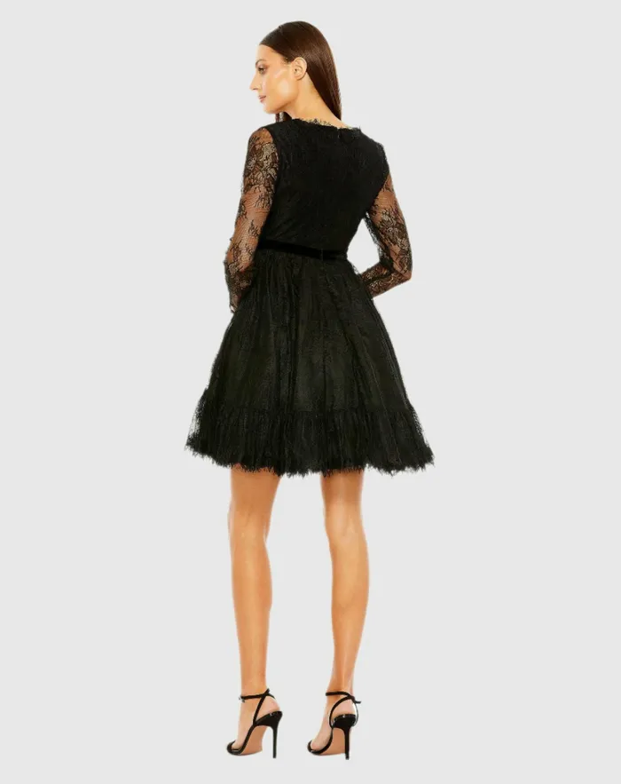 Long Sleeve Deep V Lace Babydoll Dress Black Daytime Dresses Mac Duggal Women