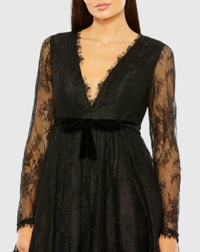 Long Sleeve Deep V Lace Babydoll Dress Black Daytime Dresses Mac Duggal Women