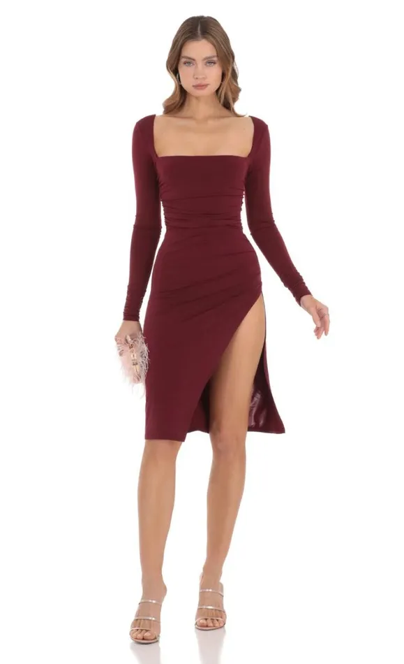 Long Sleeve Open Back Midi Dress Maroon Women LUCY IN THE SKY Midi Dresses