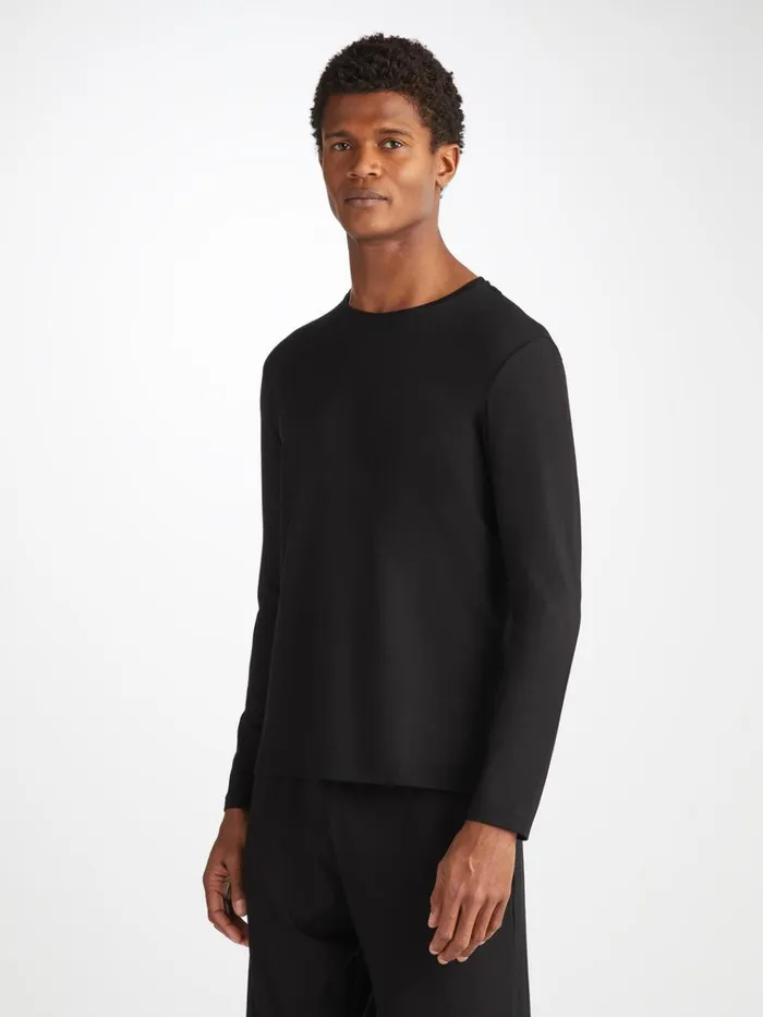 Long Sleeve TShirts Men Derek Rose Long Sleeve TShirt Basel Micro Modal Stretch Black