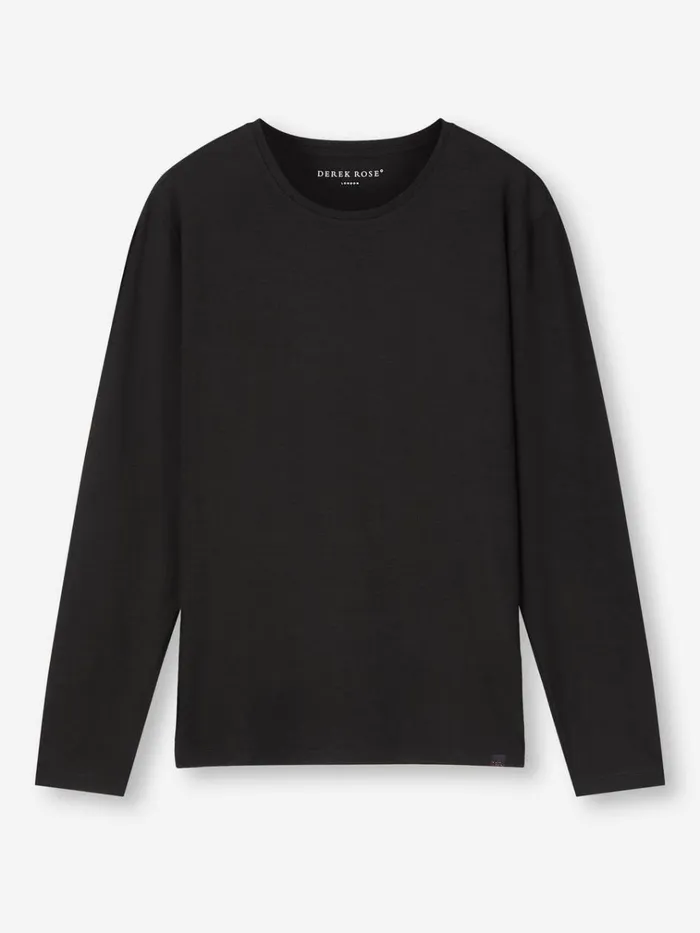 Long Sleeve TShirts Men Derek Rose Long Sleeve TShirt Basel Micro Modal Stretch Black