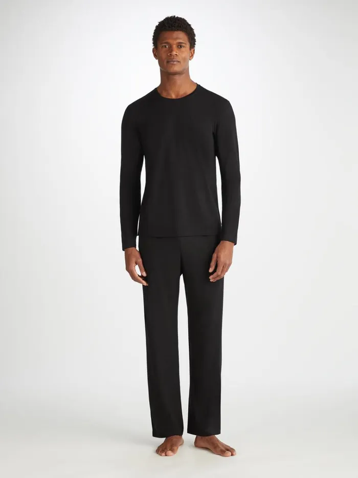 Long Sleeve TShirts Men Derek Rose Long Sleeve TShirt Basel Micro Modal Stretch Black