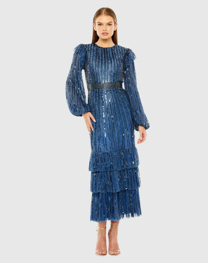 Mac Duggal Cocktail Dresses Women Blue Long Sleeve Ruffle Detail Sequin Dress Midnight