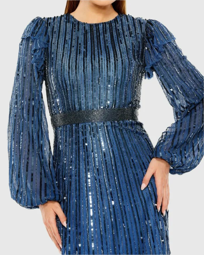 Mac Duggal Cocktail Dresses Women Blue Long Sleeve Ruffle Detail Sequin Dress Midnight
