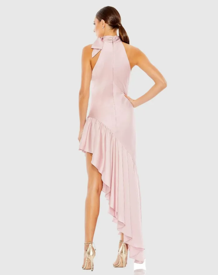 Mac Duggal Cocktail Dresses Women Halter Neck Ruffled Asymmetrical Gown Rose