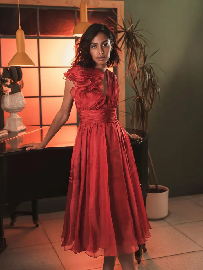Mac Duggal Cocktail Dresses Women Red Sleeveless Chiffon ALine Tea Length Cocktail Dress Wine