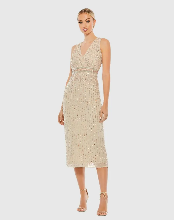 Mac Duggal Cocktail Dresses Women Sequined Sleeveless VNeck Midi Sheath Dress Nude
