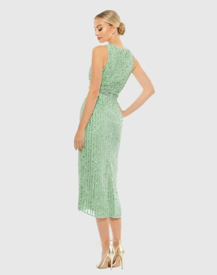 Mac Duggal Cocktail Dresses Women Sequined Sleeveless VNeck Midi Sheath Dress Nude