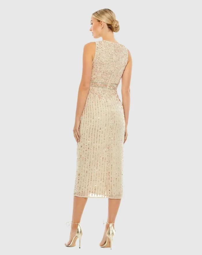Mac Duggal Cocktail Dresses Women Sequined Sleeveless VNeck Midi Sheath Dress Nude