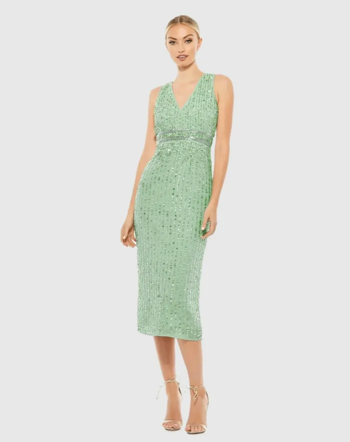 Mac Duggal Cocktail Dresses Women Sequined Sleeveless VNeck Midi Sheath Dress Nude