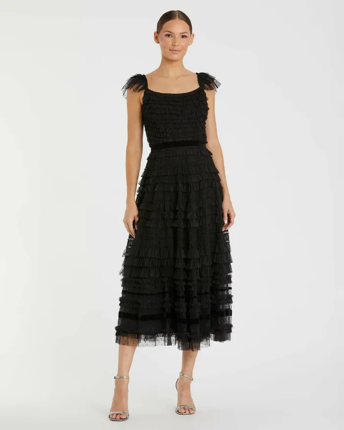 Mac Duggal Daytime Dresses Women Ruffle Cap Sleeve Tiered Midi Dress Black