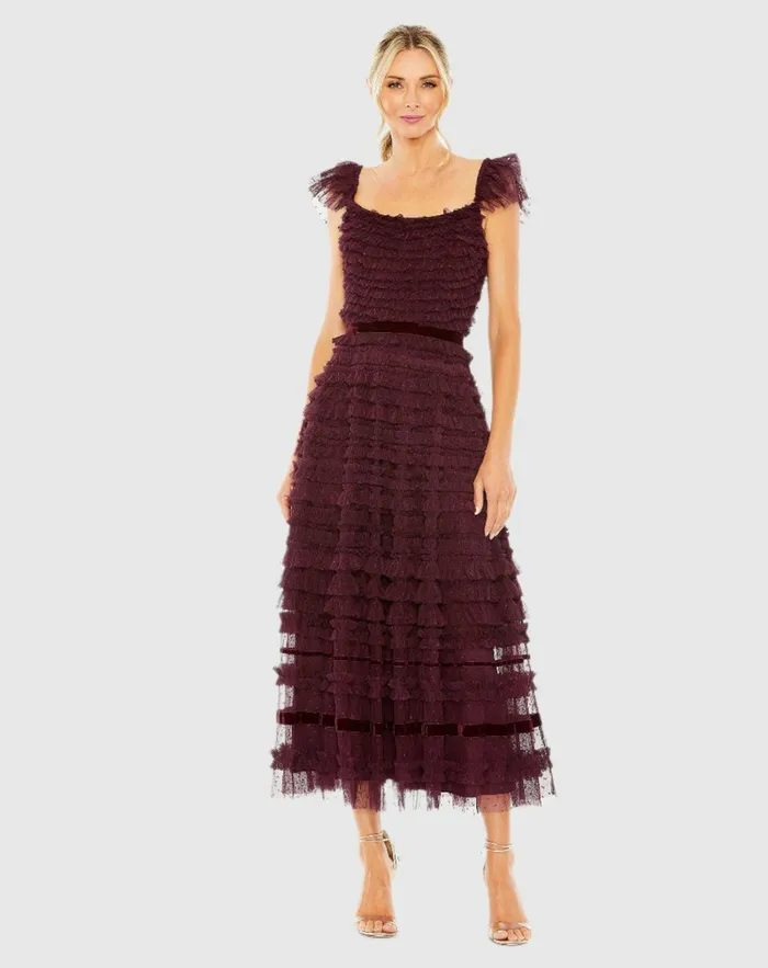 Mac Duggal Daytime Dresses Women Ruffle Cap Sleeve Tiered Midi Dress Black