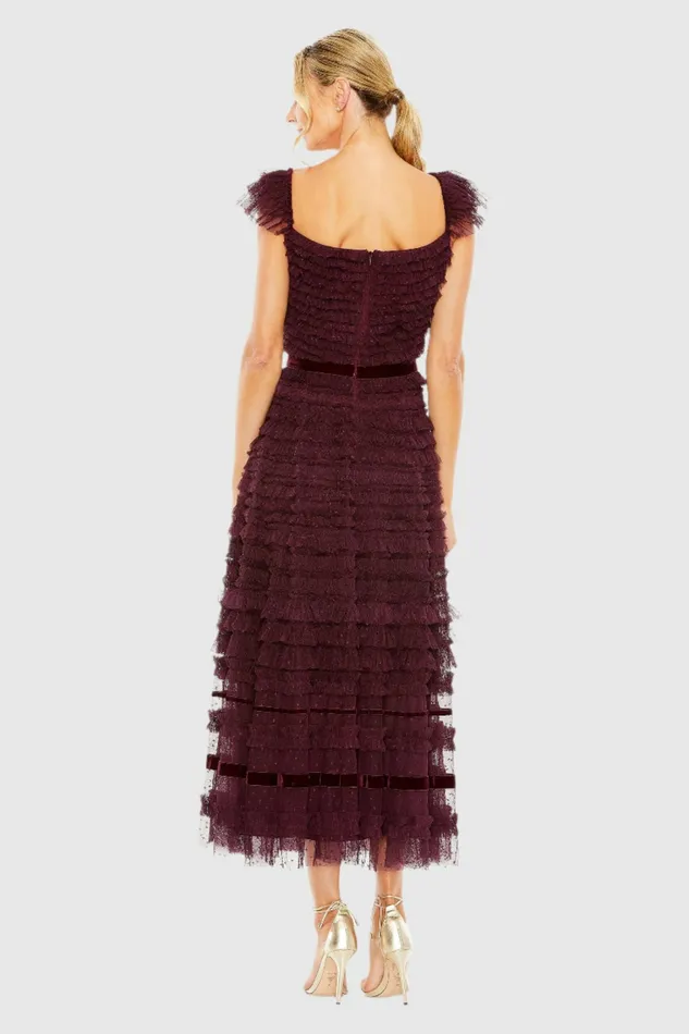 Mac Duggal Daytime Dresses Women Ruffle Cap Sleeve Tiered Midi Dress Black