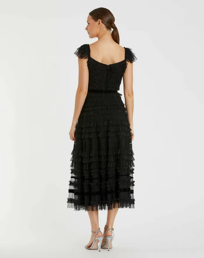 Mac Duggal Daytime Dresses Women Ruffle Cap Sleeve Tiered Midi Dress Black
