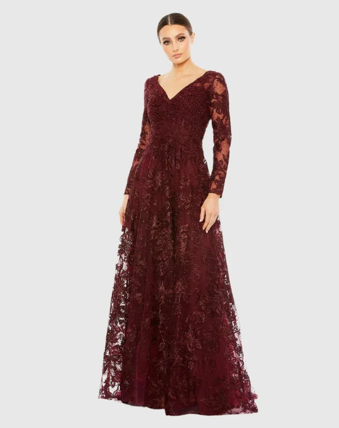 Mac Duggal Embellished Illusion Long Sleeve V Neck Gown Mahogany Women Evening Gowns
