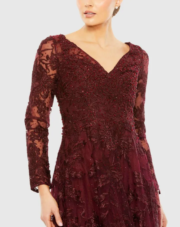 Mac Duggal Embellished Illusion Long Sleeve V Neck Gown Mahogany Women Evening Gowns Mac Duggal Embellished Illusion Long Sleeve V Neck Gown Mahogany Women Evening Gowns