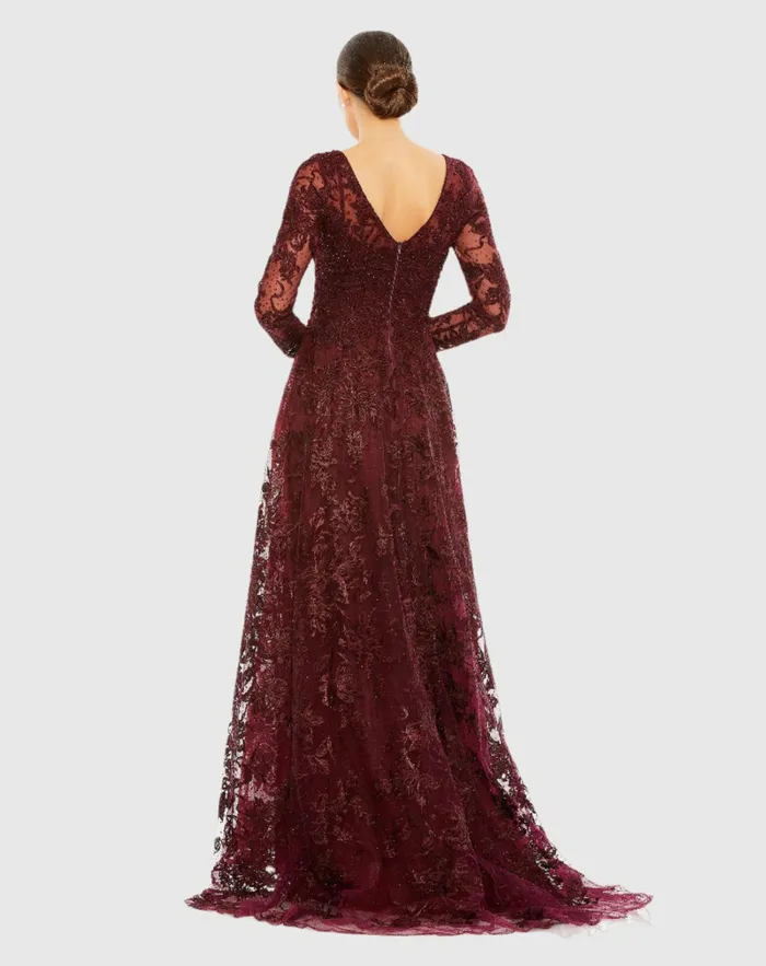 Mac Duggal Embellished Illusion Long Sleeve V Neck Gown Mahogany Women Evening Gowns Mac Duggal Embellished Illusion Long Sleeve V Neck Gown Mahogany Women Evening Gowns