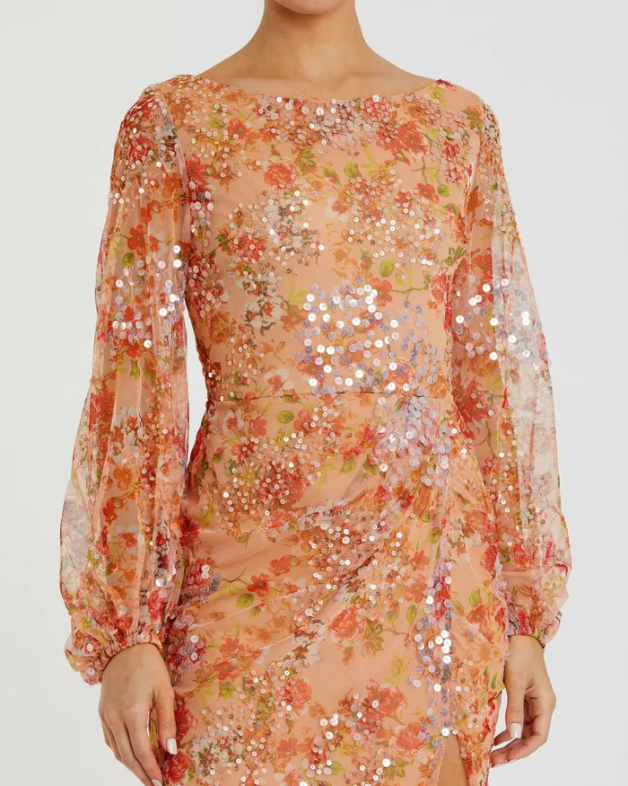 Mac Duggal Evening Gowns Women Floral Print Sequined Puff Sleeve Gown Apricot
