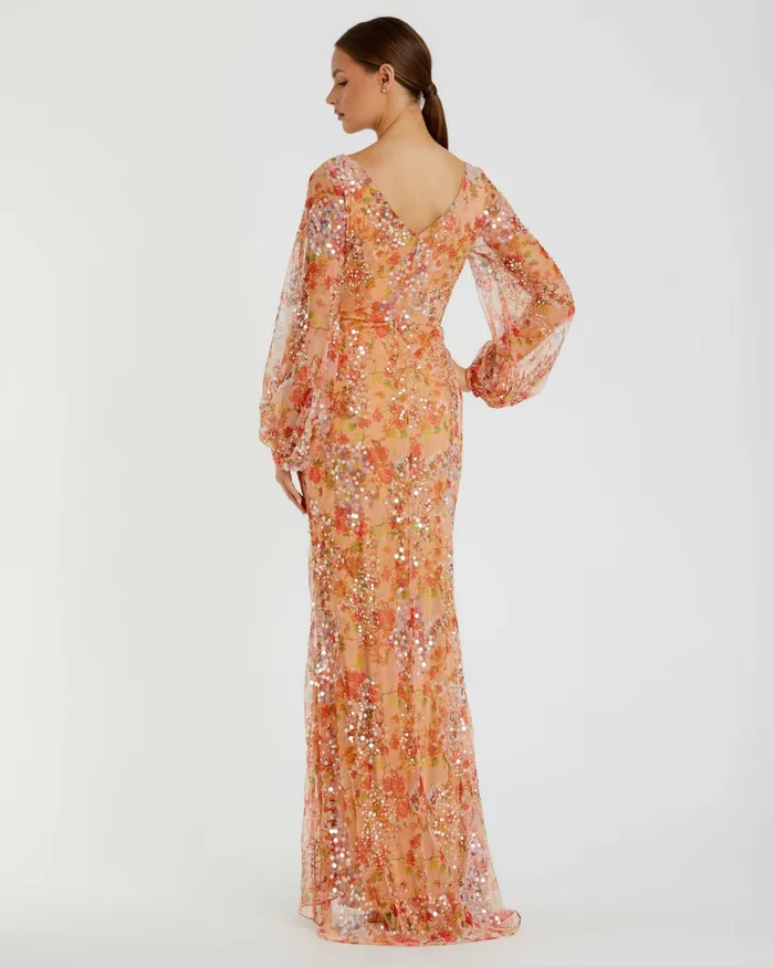 Mac Duggal Evening Gowns Women Floral Print Sequined Puff Sleeve Gown Apricot