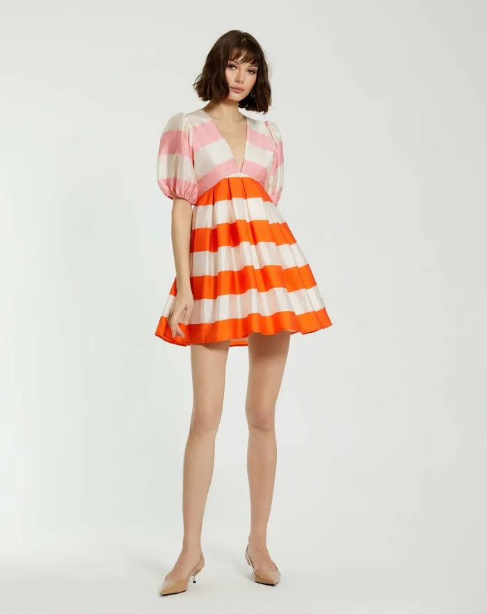 Mac Duggal Every Day Dresses Women Organza Striped Balloon Sleeve Mini Dress Sunset