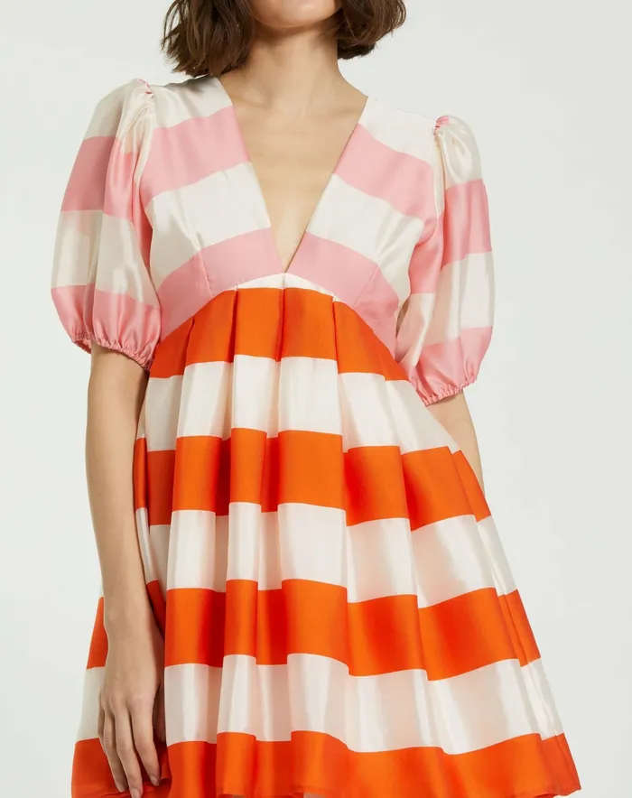Mac Duggal Every Day Dresses Women Organza Striped Balloon Sleeve Mini Dress Sunset