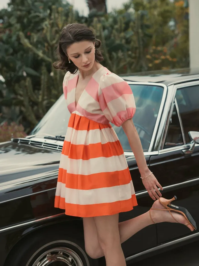 Mac Duggal Every Day Dresses Women Organza Striped Balloon Sleeve Mini Dress Sunset