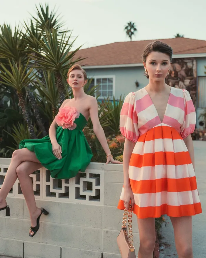 Mac Duggal Every Day Dresses Women Organza Striped Balloon Sleeve Mini Dress Sunset