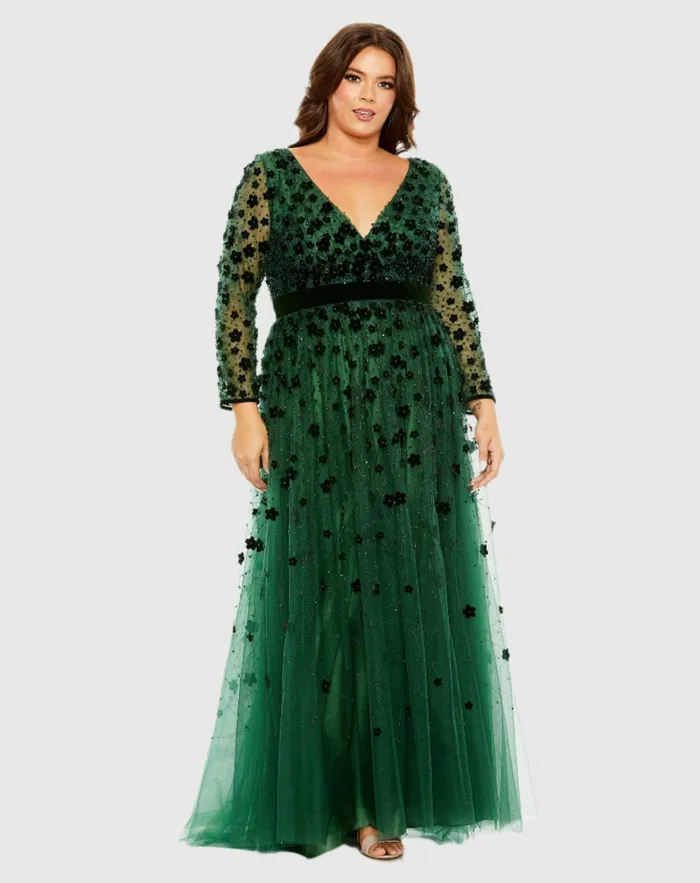 Mac Duggal Floral Applique Long Sleeve A Line Dress Emerald Women Plus Size Dresses