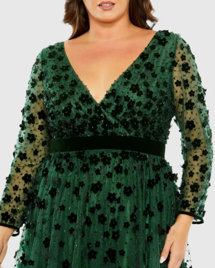 Mac Duggal Floral Applique Long Sleeve A Line Dress Emerald Women Plus Size Dresses