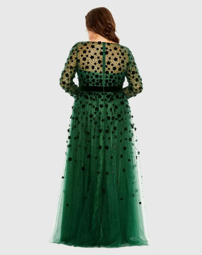 Mac Duggal Floral Applique Long Sleeve A Line Dress Emerald Women Plus Size Dresses