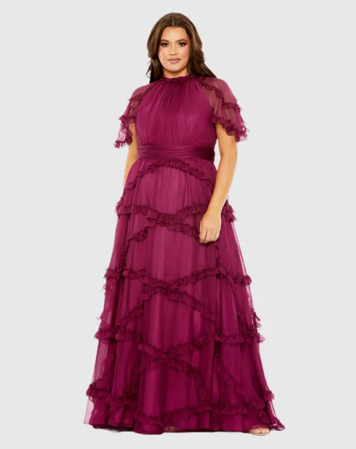Mac Duggal High Neck Ruffle Tiered Flutter Sleeve Plus Size Dress Raspberry Women Plus Size Dresses