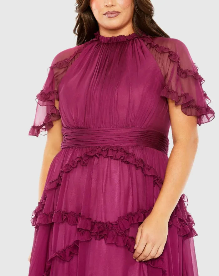 Mac Duggal High Neck Ruffle Tiered Flutter Sleeve Plus Size Dress Raspberry Women Plus Size Dresses