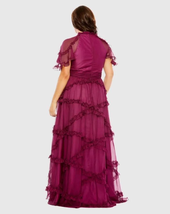 Mac Duggal High Neck Ruffle Tiered Flutter Sleeve Plus Size Dress Raspberry Women Plus Size Dresses