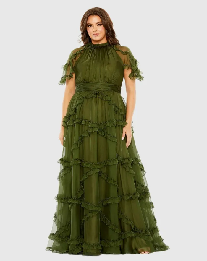 Mac Duggal High Neck Ruffle Tiered Flutter Sleeve Plus Size Dress Raspberry Women Plus Size Dresses