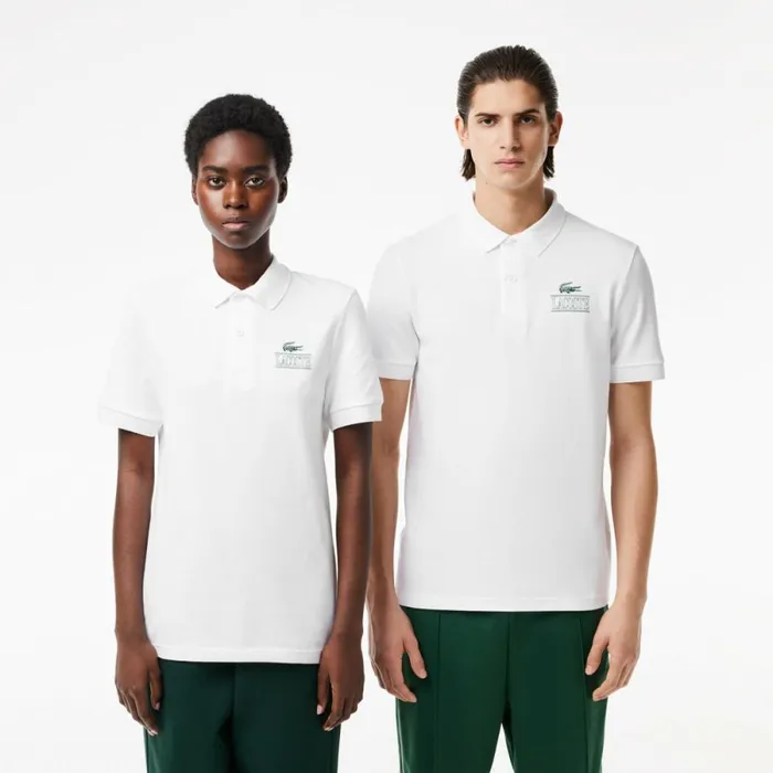 Matching Sets MenWomen Lacoste Unisex Signature Print Stretch Piqu Polo White 001