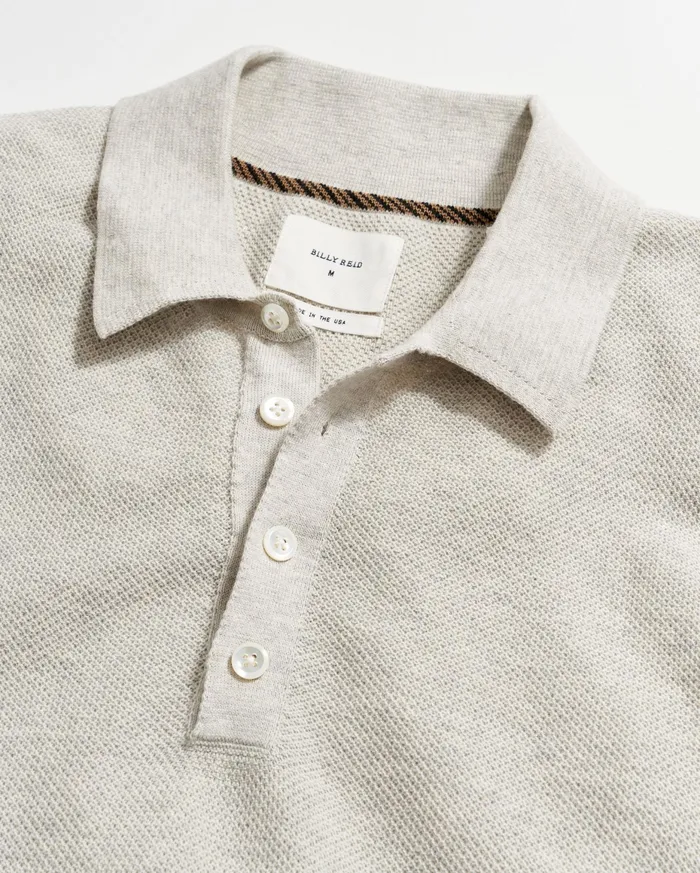 Men American Pique Sweater Polo Heathered Grey Billy Reid Polos Tees and Henleys