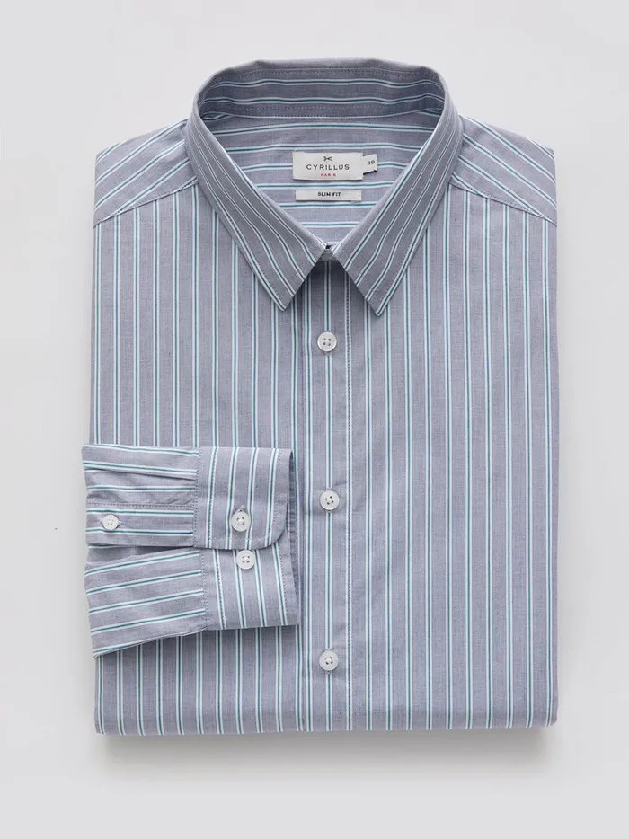 Men Clothing Cyrillus SlimFit Shirt With ThreeColor Stripes Rayure Verte