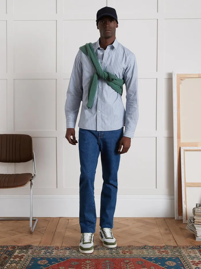 Men Clothing Cyrillus SlimFit Shirt With ThreeColor Stripes Rayure Verte